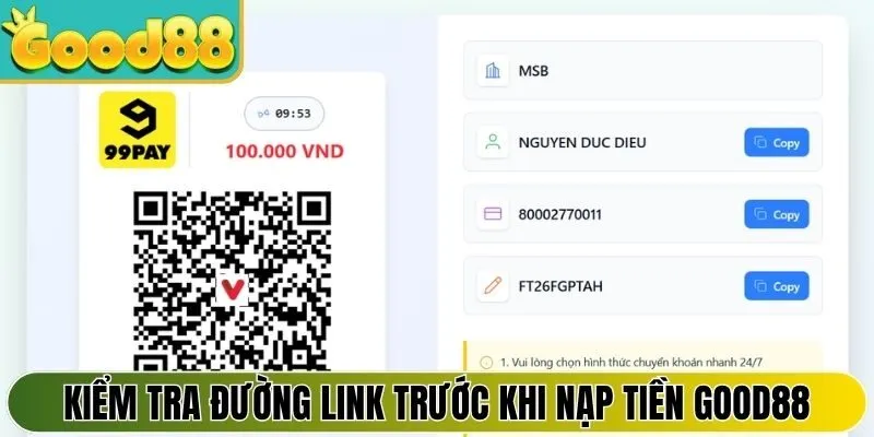 Kiểm tra đường link truy cập trước khi nạp tiền Good88
